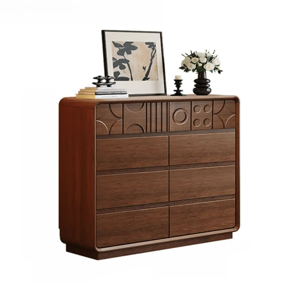 Commode en bois d'inspiration Art déco avec sculptures géométriques