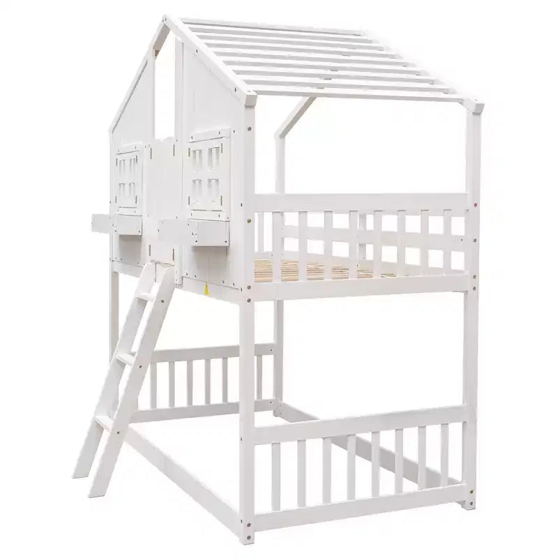 Lit mezzanine cabane de taille double, lit mezzanine cabane en bois avec échelle et barrières de sécurité pour enfants