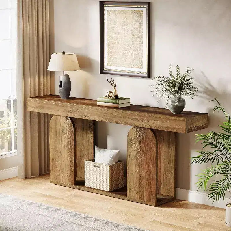 Console de table Lantine de 70,9 pouces extra longue de style ferme avec étagère de rangement à 2 niveaux en bois, convient pour couloir, salon, entrée, marron vintage.