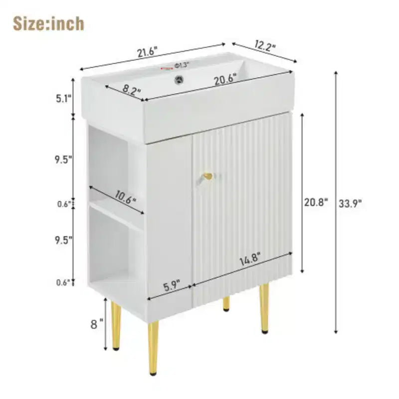 Meuble-lavabo de salle de bain blanc de 21,6 po, ensemble avec meuble de rangement, vasque en céramique simple, rangement à gauche