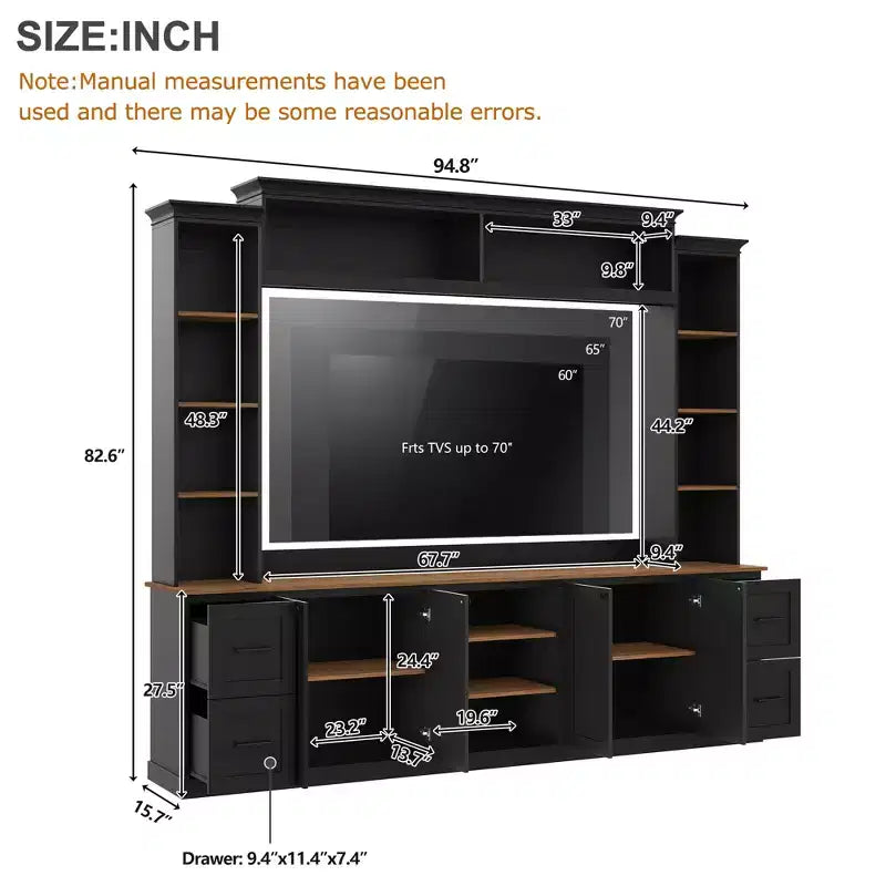 Meuble TV mural 4-en-1 ModernLuxe de style campagnard, convient aux téléviseurs jusqu'à 70 pouces, meuble TV console multimédia avec étagères réglables et tiroirs