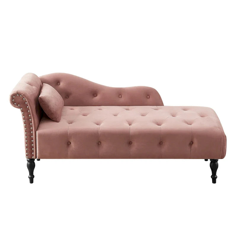 Chaise longue moderne de 154 cm avec revêtement en velours, boutons capitonnés, pieds en bois massif et clous de tapissier