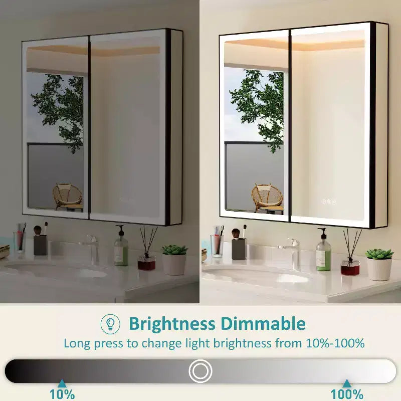 Armoire de toilette avec miroir LED, montage en saillie ou encastré, lumière dimmable, anti-buée, étagères réglables