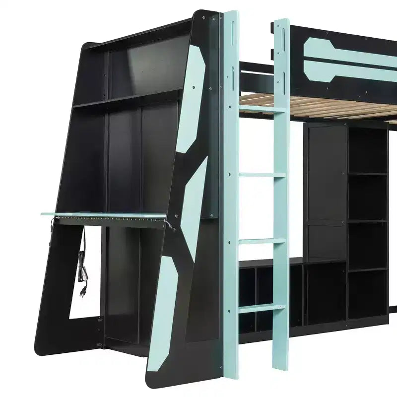Lit mezzanine de jeu en L avec bureaux, lits superposés doubles avec lumières LED, ports USB, étagères de rangement, lit mezzanine d'angle en bois pour 2 personnes