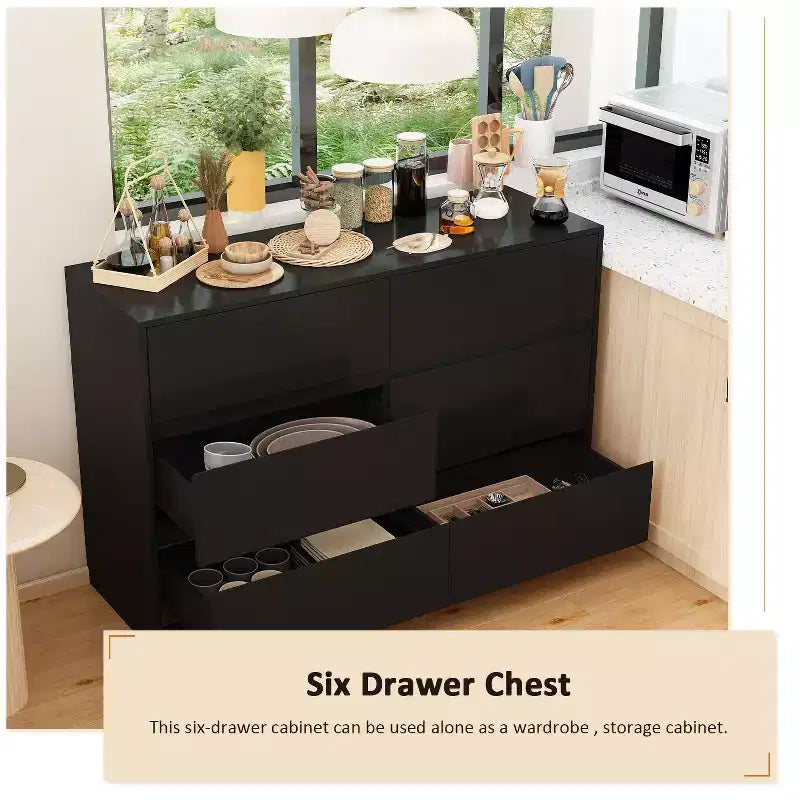 Desserte de buffet intelligente rotative/extensible avec 6 tiroirs, plan de travail étendu, tapis antidérapant, table à manger rotative, îlot de cuisine/garde-manger