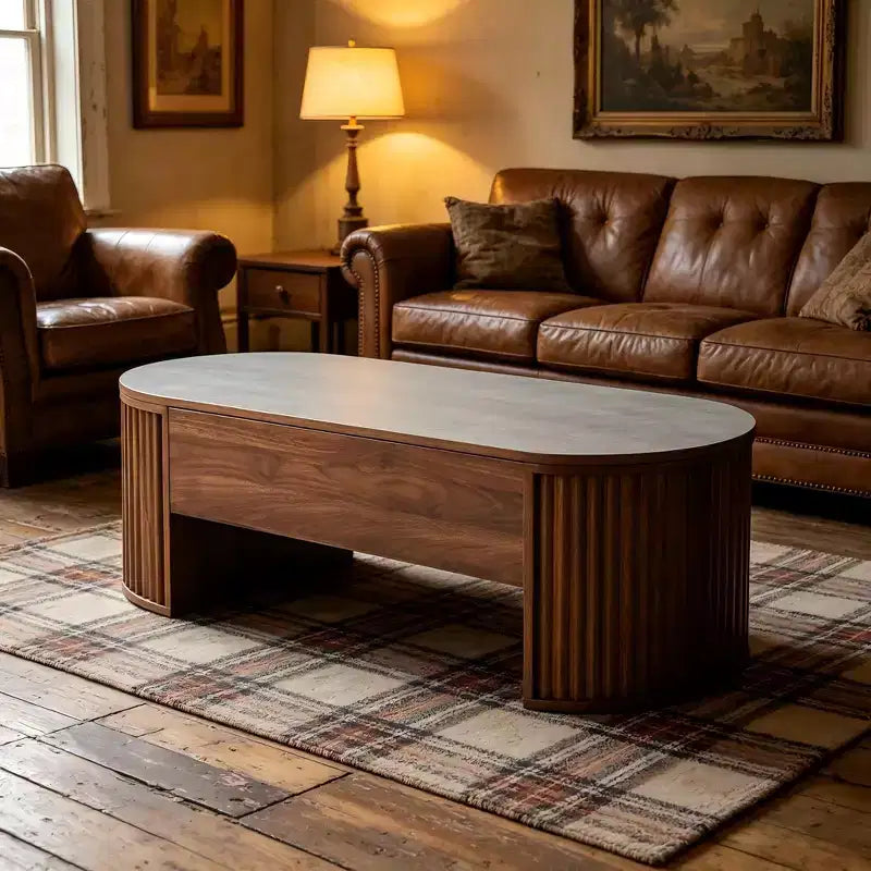 Table basse relevable de 120 cm avec compartiment de rangement caché, ovale, marron