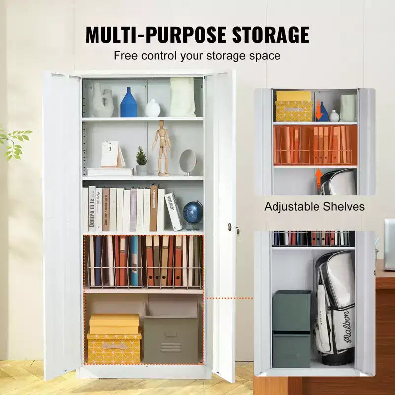 Armoire de rangement en métal VEVOR, armoire de rangement en acier verrouillable avec 2 portes magnétiques et 4 étagères réglables, armoire métallique de 71'' de capacité 200 lbs, blanche