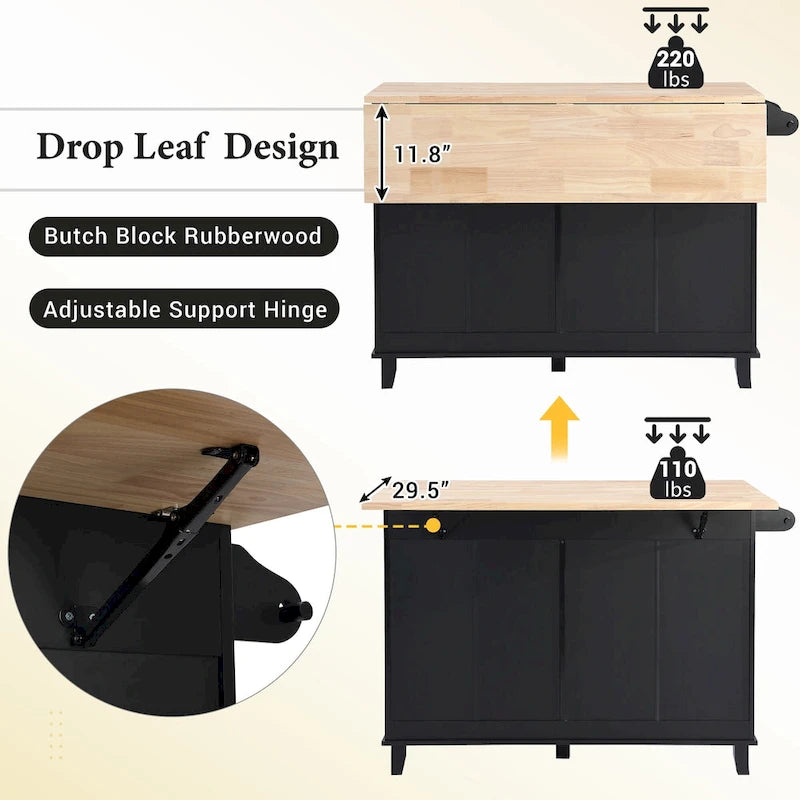Ensemble d'îlot de cuisine TOPMAX avec abattant et 2 tabourets, ensemble de table à manger avec étagère réglable, tiroirs et porte-serviettes
