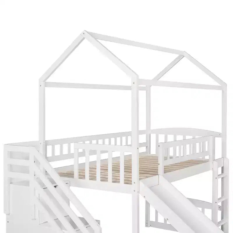 Lit mezzanine jumeau avec toboggan et escalier, lit mezzanine avec tiroirs de rangement, lit mezzanine cabane en bois pour enfants et tout-petits