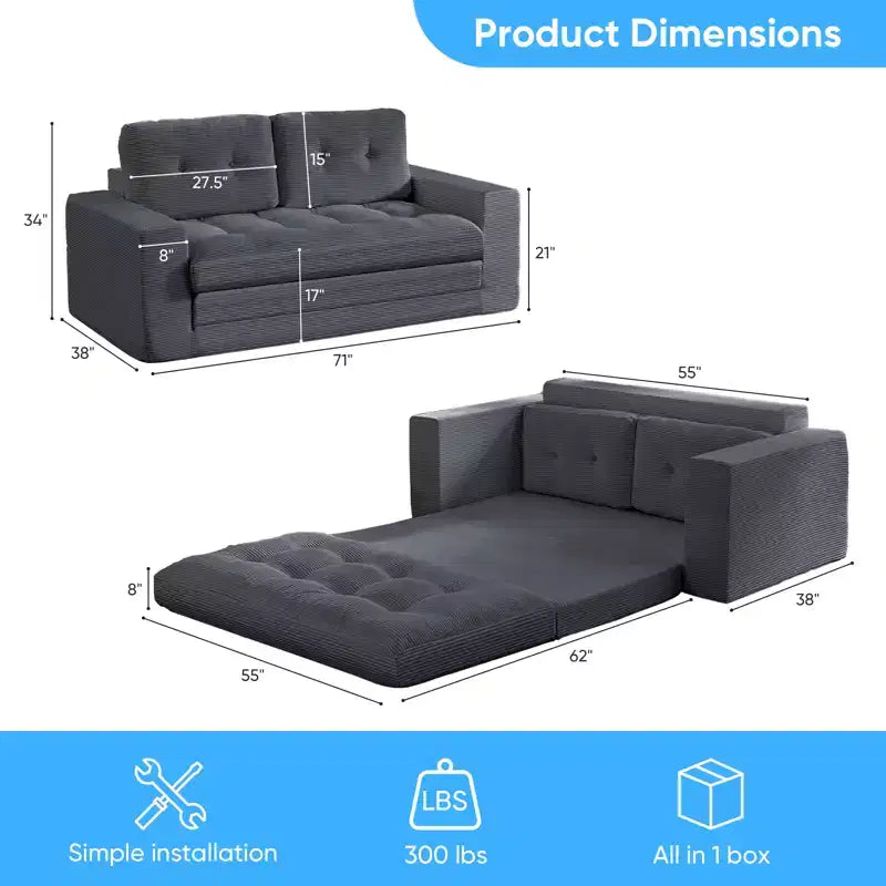 Mjkone Canapé-Lit Futon Convertible 2-en-1 180 cm, Canapé Deux Places Pliable en Tissu Côtelé avec Boutons Touffetés, Idéal pour Petits Espaces