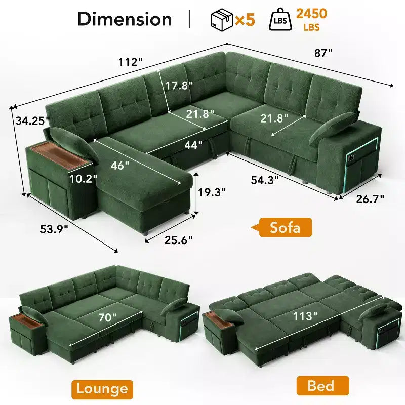 Dyonery 112 Canapé modulaire convertible avec lit gigogne, canapé d'angle en U avec rangement, canapés extra larges et profonds pour salon