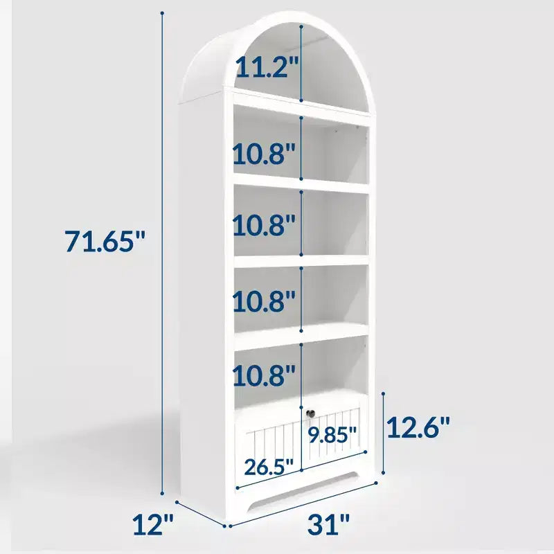 Bibliothèque arquée de 72 po avec tiroir de rangement, armoire de présentation moderne en bois à 6 niveaux avec étagères ouvertes et tiroir inférieur, porte d'armoire incurvée