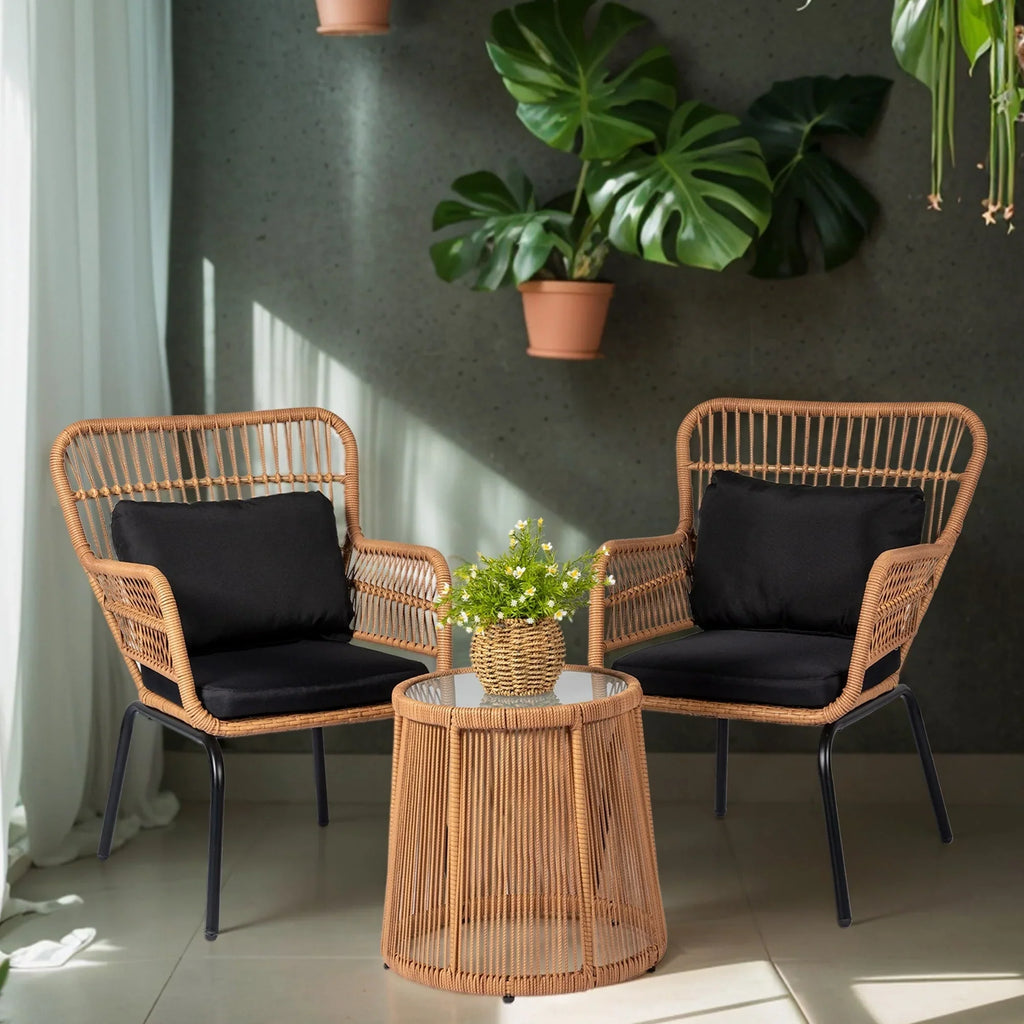 Ensemble bistrot 3 pièces en osier pour conversation, salon de jardin en rotin résistant aux intempéries avec coussins