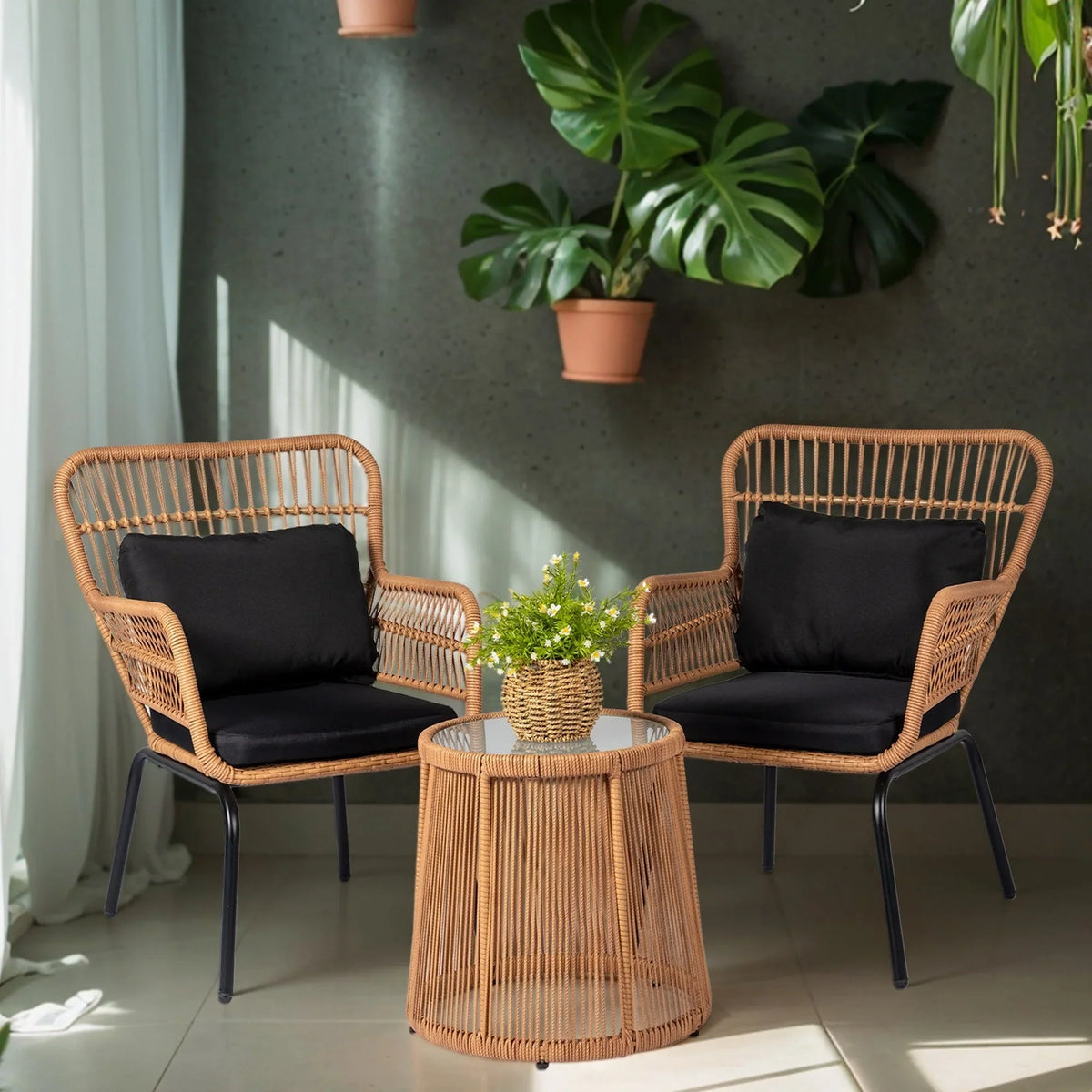 Ensemble bistrot 3 pièces en osier pour conversation, salon de jardin en rotin résistant aux intempéries avec coussins