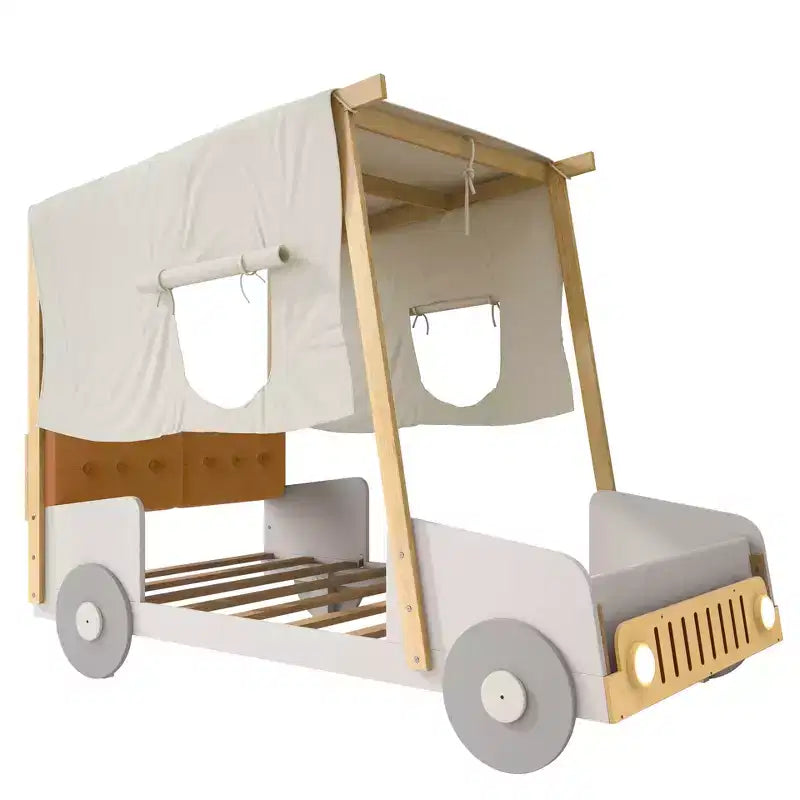 Lit de voiture Whisen Wood avec oreiller, tissu de plafond et LED - Naturel
