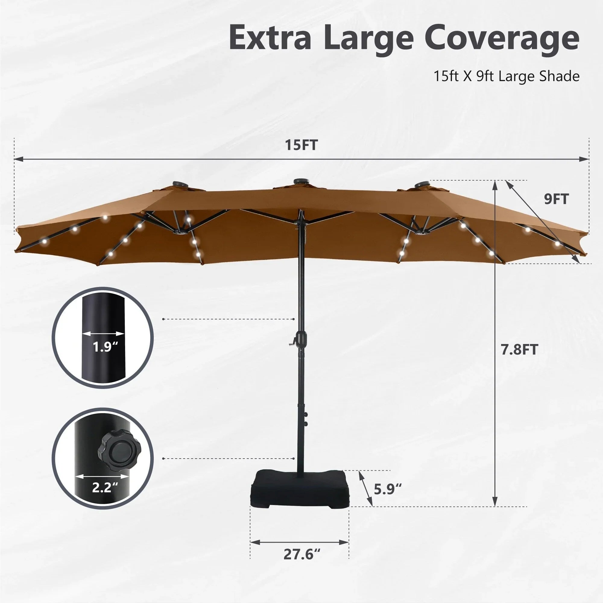 MAISON ARTS Parasol excentré rectangulaire de 4,5 m avec manivelle, parasol de marché double face d'extérieur avec lumières LED solaires et base incluse