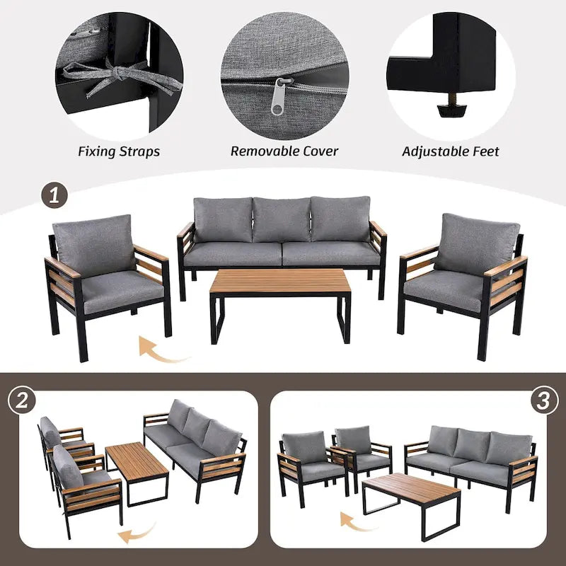 Ensemble de canapés d'extérieur 4 pièces pour 5 personnes avec table basse en bois massif et coussins amovibles