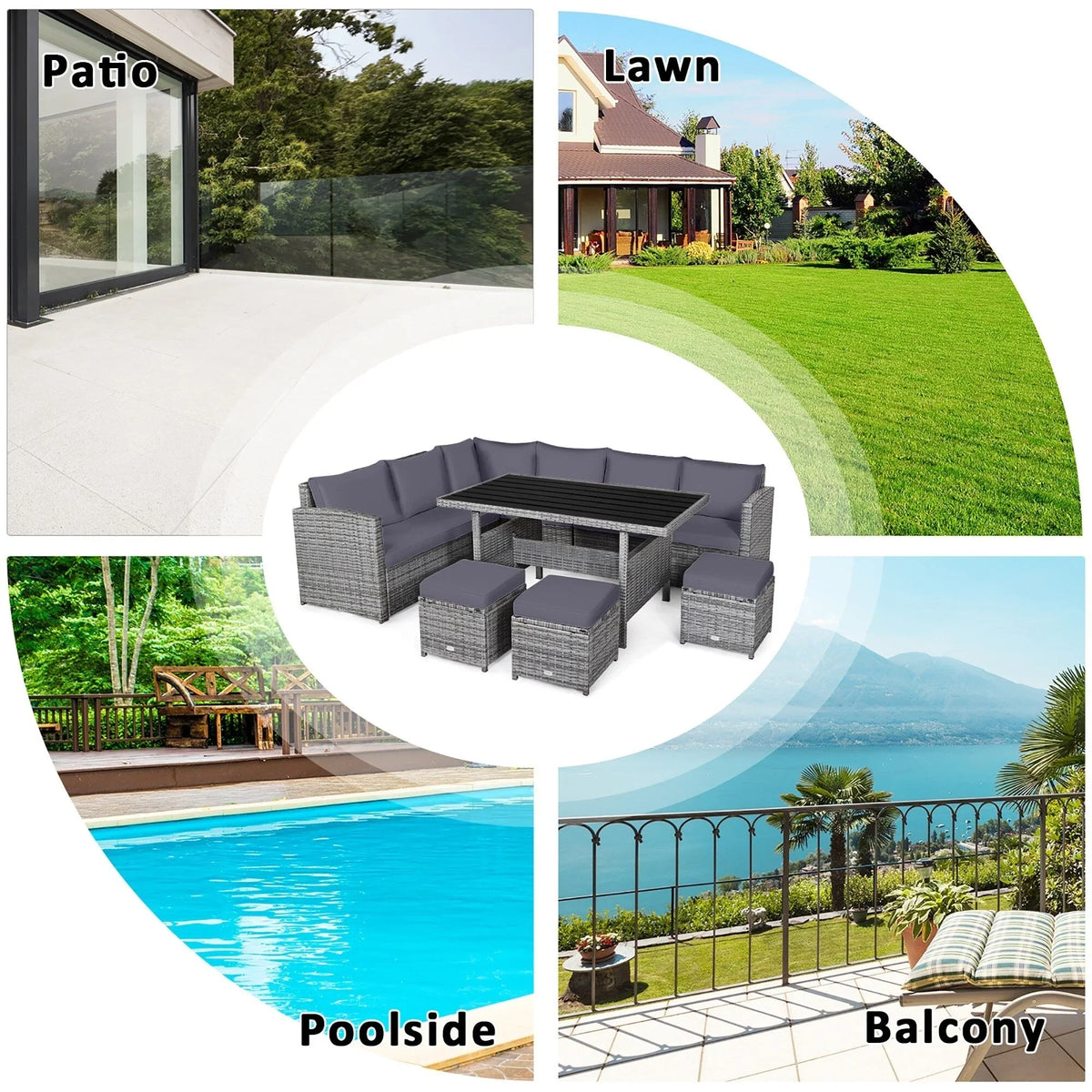 Ensemble de salle à manger Costway 7 pièces en rotin pour terrasse, canapé sectionnel et pouf - Voir détails