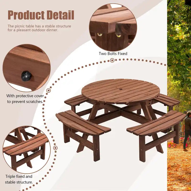 Ensemble de salle à manger rond en bois de sapin pour patio extérieur 8 personnes avec 4 bancs intégrés et trou pour parasol