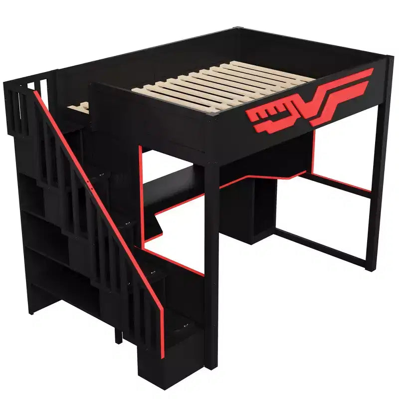 Lit mezzanine pleine grandeur pour gamer avec bureau et lumière LED, lit surélevé pleine grandeur en bois avec escalier de rangement et USB, rouge + noir