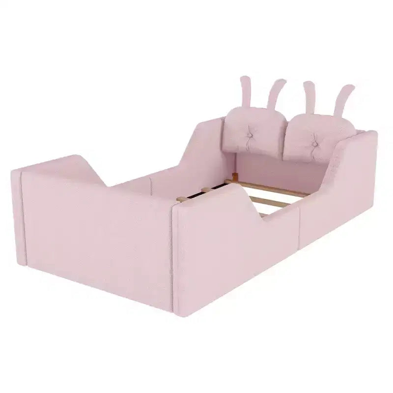 Lit plateforme double Whisen, cadre de lit rembourré pour enfants avec coussin lapin, barrières latérales amovibles