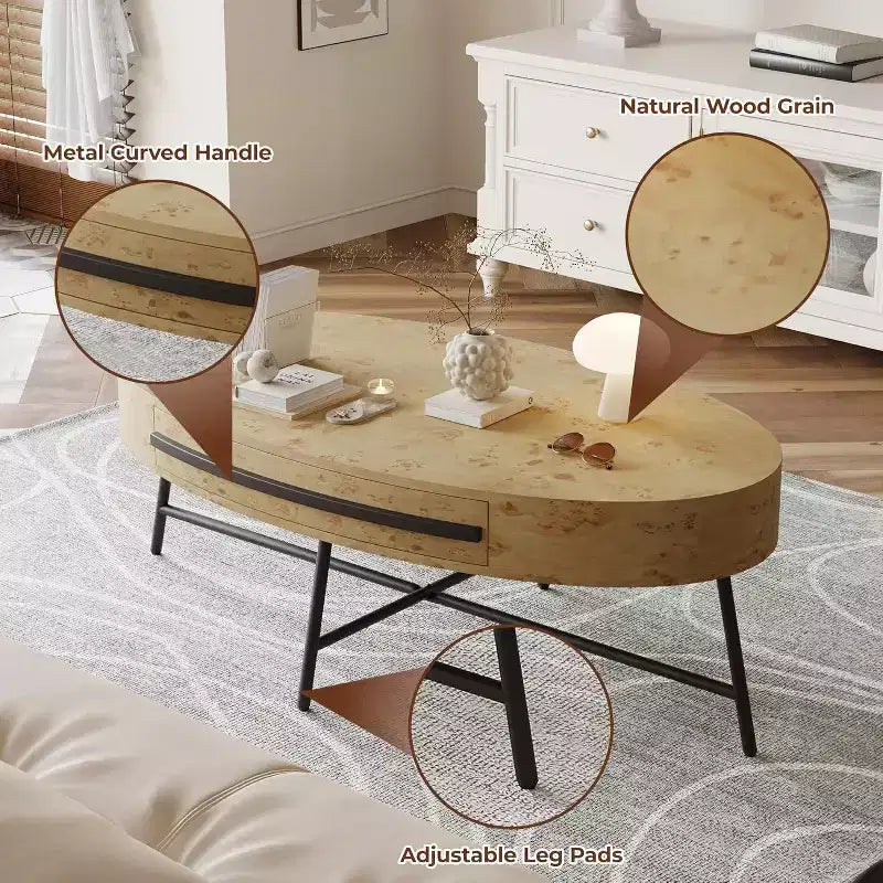 Table basse ovale Acekool avec tiroir, table de rangement en bois 120 cm avec pieds en métal croisés, table basse de style moderne du milieu du siècle en saule naturel et doré