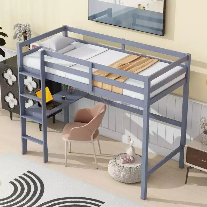 Lit mezzanine Okak Minimalism avec échelle, lit mezzanine simple en bois d'hévéa avec garde-corps de sécurité et bureau intégré, cadres de lit pour enfants, adolescents