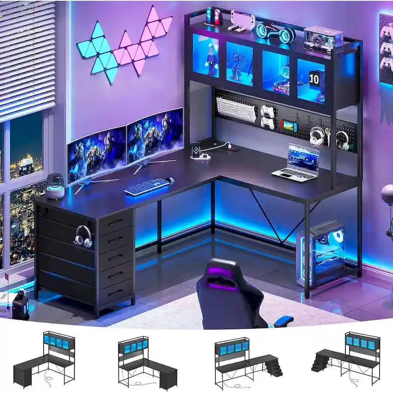 Bureau Gamer en L, Bureau d'Ordinateur avec Panneau Perforé, 5 Tiroirs et Étagère de Rangement
