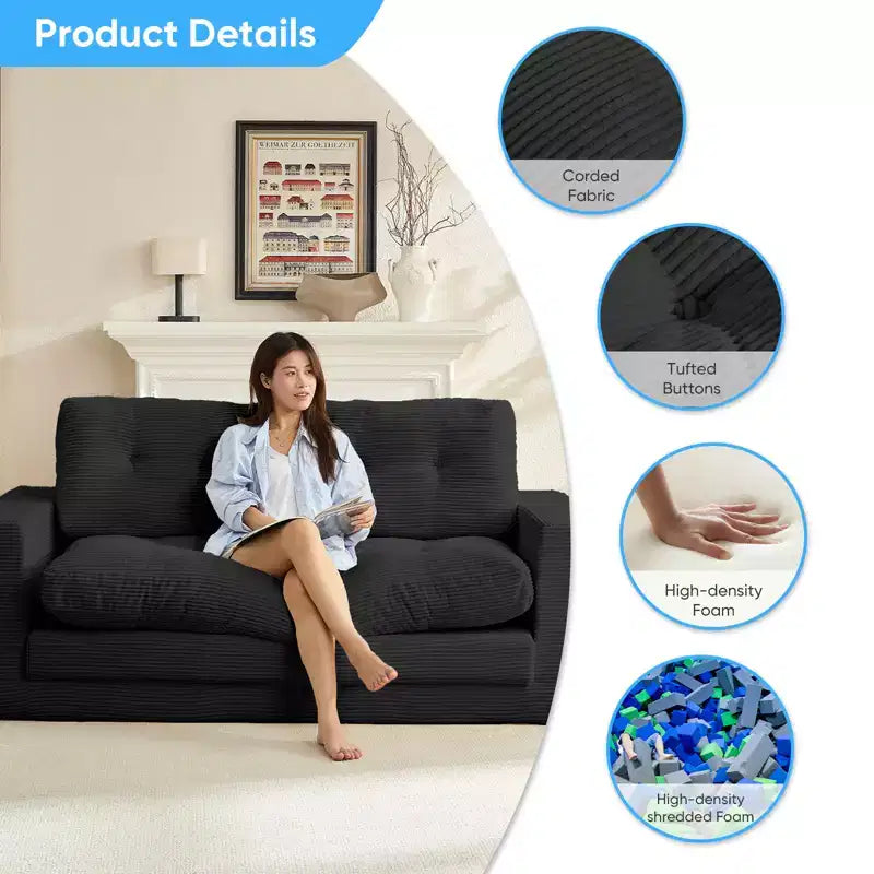 Mjkone Canapé-Lit Futon Convertible 2-en-1 180 cm, Canapé Deux Places Pliable en Tissu Côtelé avec Boutons Touffetés, Idéal pour Petits Espaces