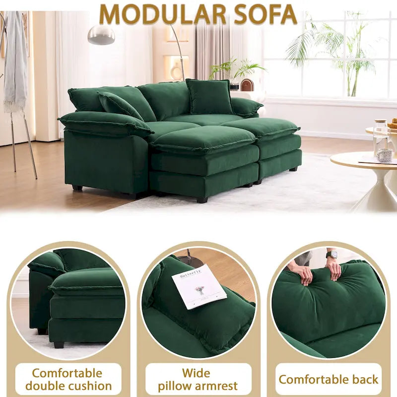 Canapé 2 places avec 2 coussins de siège, 2 oreillers et 2 poufs, canapé confortable - Canapé profond de salon, canapé modulable