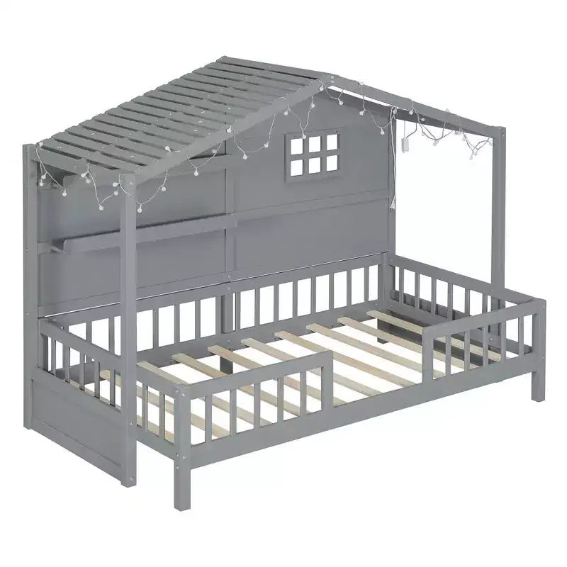 Lit cabane double avec étagères de rangement et barrières, cadre de lit Montessori en bois pour enfants avec fenêtre et bande lumineuse scintillante
