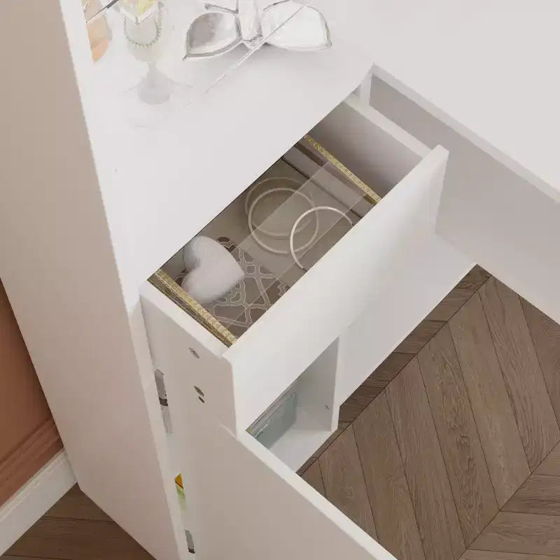 Table à ongles blanche avec extracteur de poussière intégré, écran en verre trempé, poignées dorées, poste de travail de salon de manucure, table de maquillage