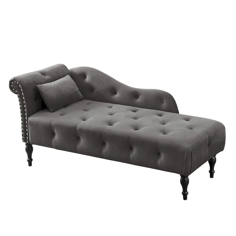 Chaise longue moderne de 154 cm avec revêtement en velours, boutons capitonnés, pieds en bois massif et clous de tapissier