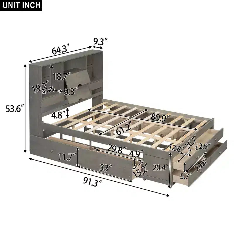Lit plateforme de taille Queen avec étagère de rangement et 8 tiroirs, montage facile