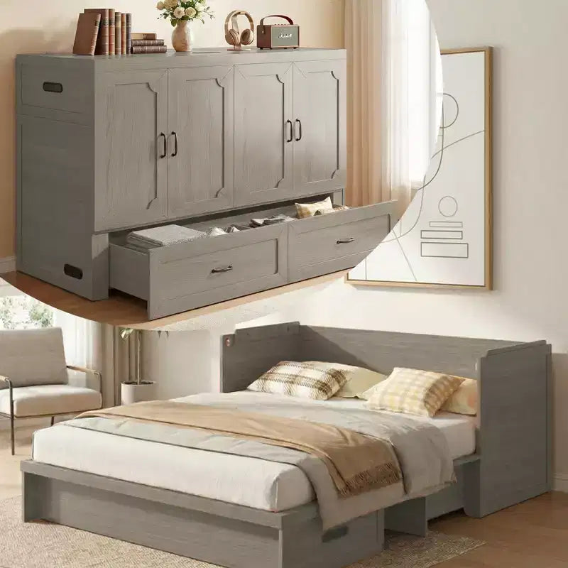 Lit escamotable convertible Queen Size Mjkone avec matelas, chargement USB, tiroirs de rangement