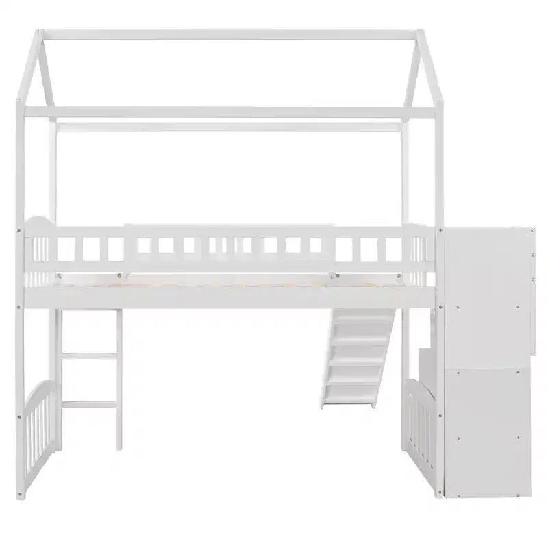 Lit mezzanine jumeau avec toboggan et escalier, lit mezzanine avec tiroirs de rangement, lit mezzanine cabane en bois pour enfants et tout-petits