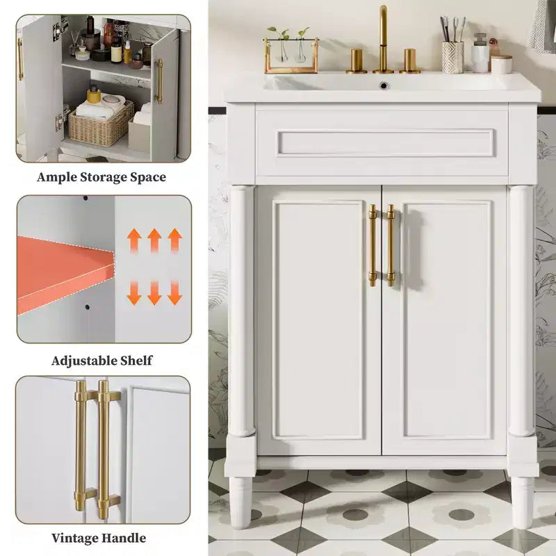Meuble-lavabo de 24 po avec évier en céramique, armoire Shaker, 2 portes à fermeture amortie, cadre en bois massif pour petite salle de bain ou salle d'eau