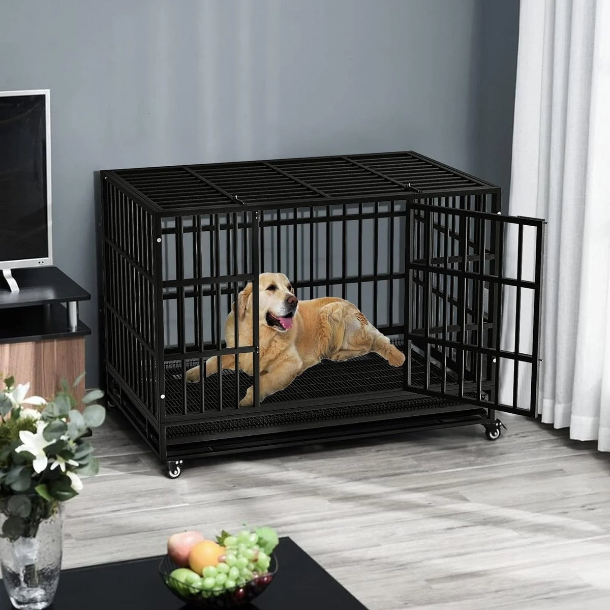 BOSSIN Cage pour Chien Robuste Indestructible 48/38 Pouces, Niche Anti-Évasion avec Roues Verrouillables