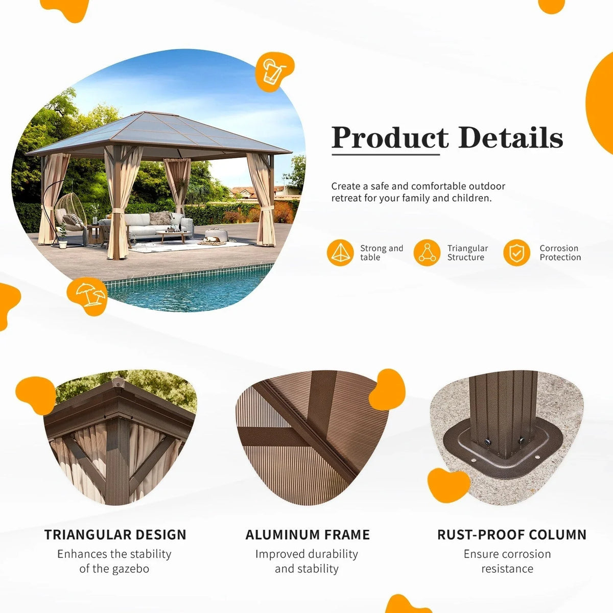 Tonnelle EROMMY à toit rigide, pergola extérieure avec double toit, moustiquaire et rideaux, auvent robuste pour patio, jardin, fête au bord de la piscine
