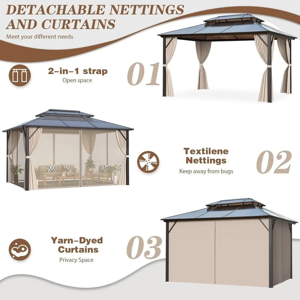 Tonnelle EROMMY à toit rigide, pergola extérieure avec double toit, moustiquaire et rideaux, auvent robuste pour patio, jardin, fête au bord de la piscine