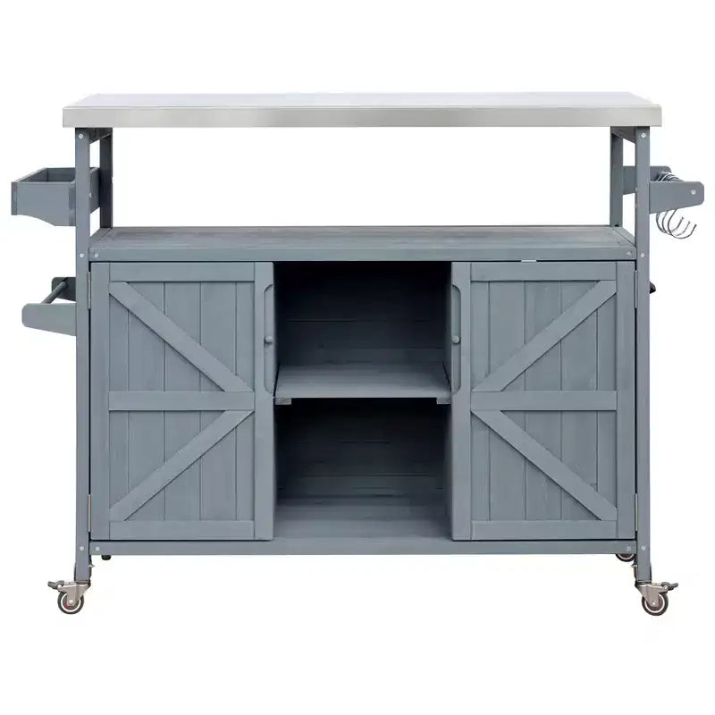 Îlot de cuisine d'extérieur Okak avec plateau en acier inoxydable, chariot de cuisine en bois avec portes, étagères et porte-épices, îlot de cuisine roulant