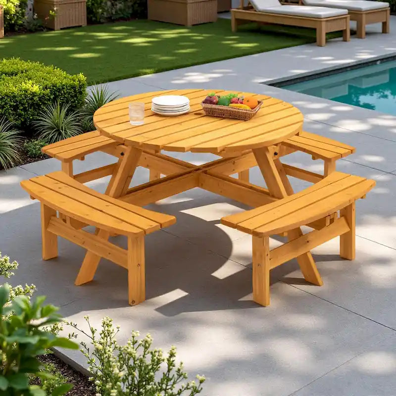 Ensemble de salle à manger rond en bois de sapin pour patio extérieur 8 personnes avec 4 bancs intégrés et trou pour parasol