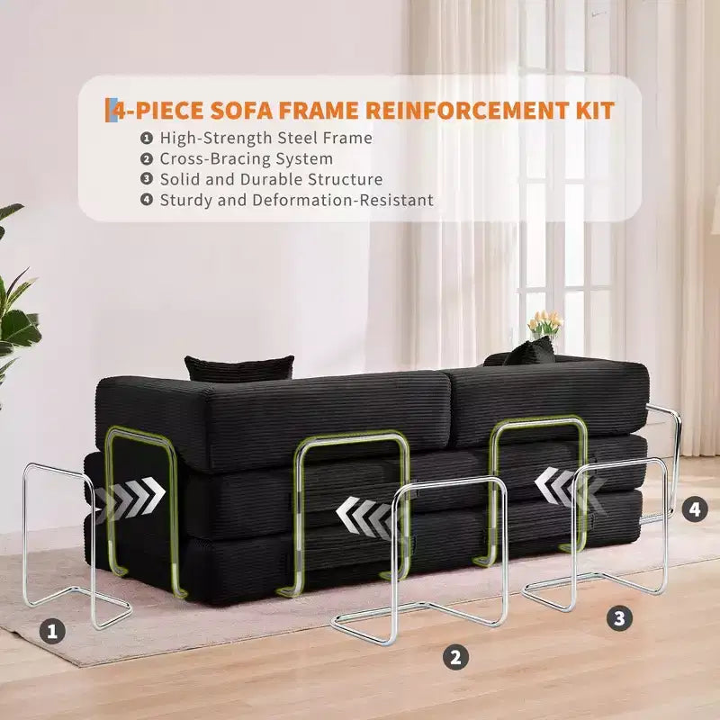 Canapé convertible, matelas pliant 5-en-1 de 78,8 po, cadre en acier à forme fixe, velours côtelé avec oreillers
