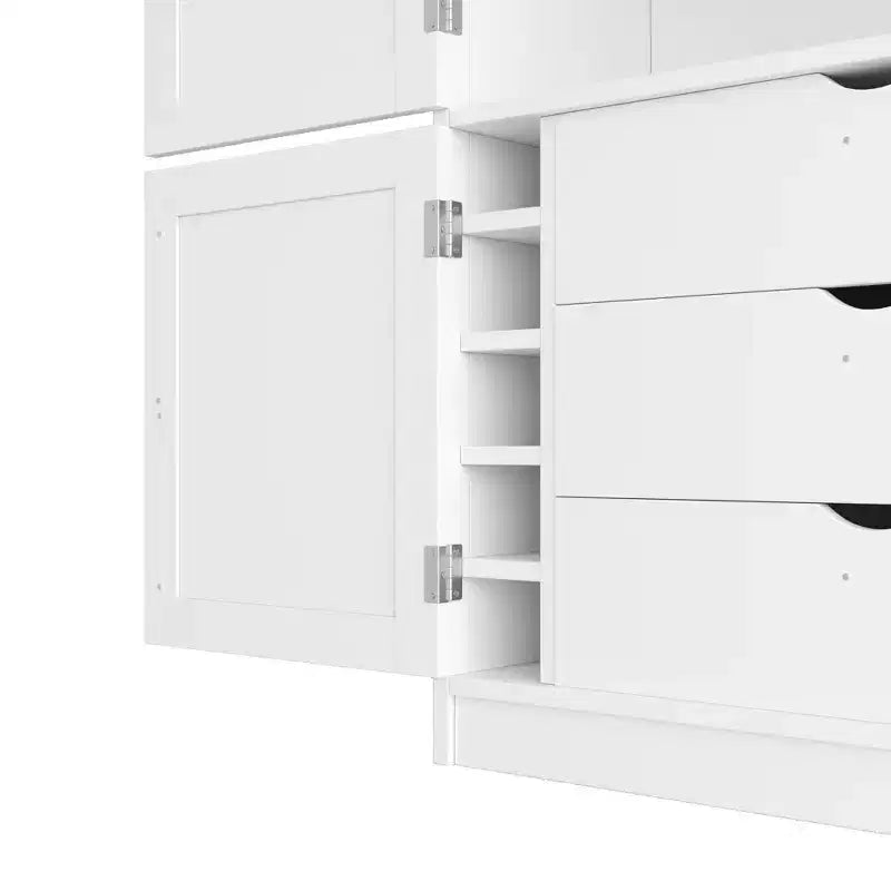 Grand meuble de garde-manger de cuisine avec prises électriques, grand placard autoportant avec support pour micro-ondes, tiroirs, étagères, casiers à vin et étagère de porte