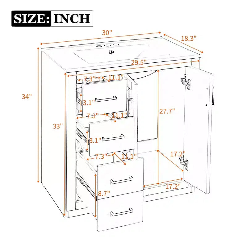 Meuble-lavabo de salle de bain 30 po avec armoire et 3 tiroirs – Noir / Bleu / Vert / Indigo / Blanc