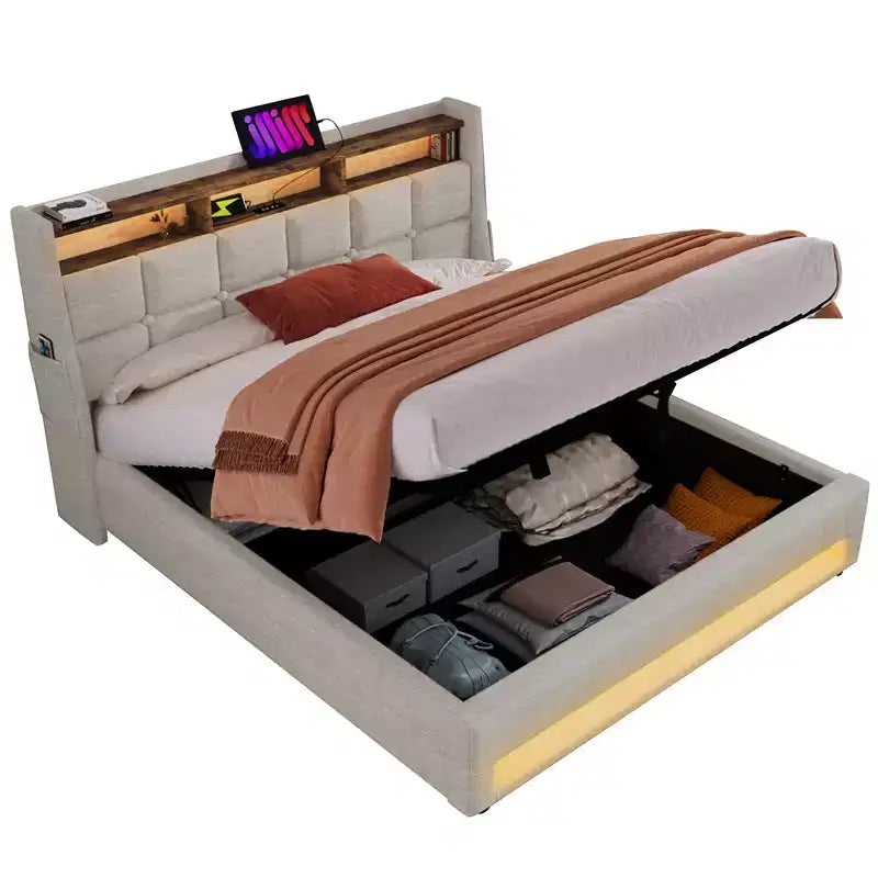 Lit Queen avec rangement hydraulique, LED, USB, tête de lit rembourrée, sans sommier, assemblage facile