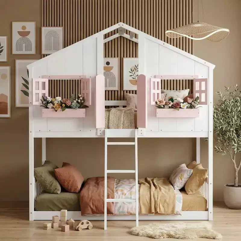 Lit mezzanine cabane de taille double, lit mezzanine cabane en bois avec échelle et barrières de sécurité pour enfants
