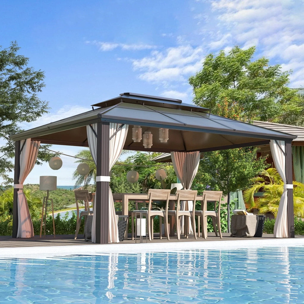 Tonnelle EROMMY à toit rigide, pergola extérieure avec double toit, moustiquaire et rideaux, auvent robuste pour patio, jardin, fête au bord de la piscine