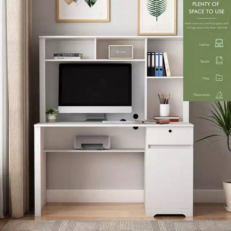 Bureau informatique moderne de 130 cm avec huche et étagère, bureau avec grand rangement, bureau d'écriture pour l'étude, salle de lecture