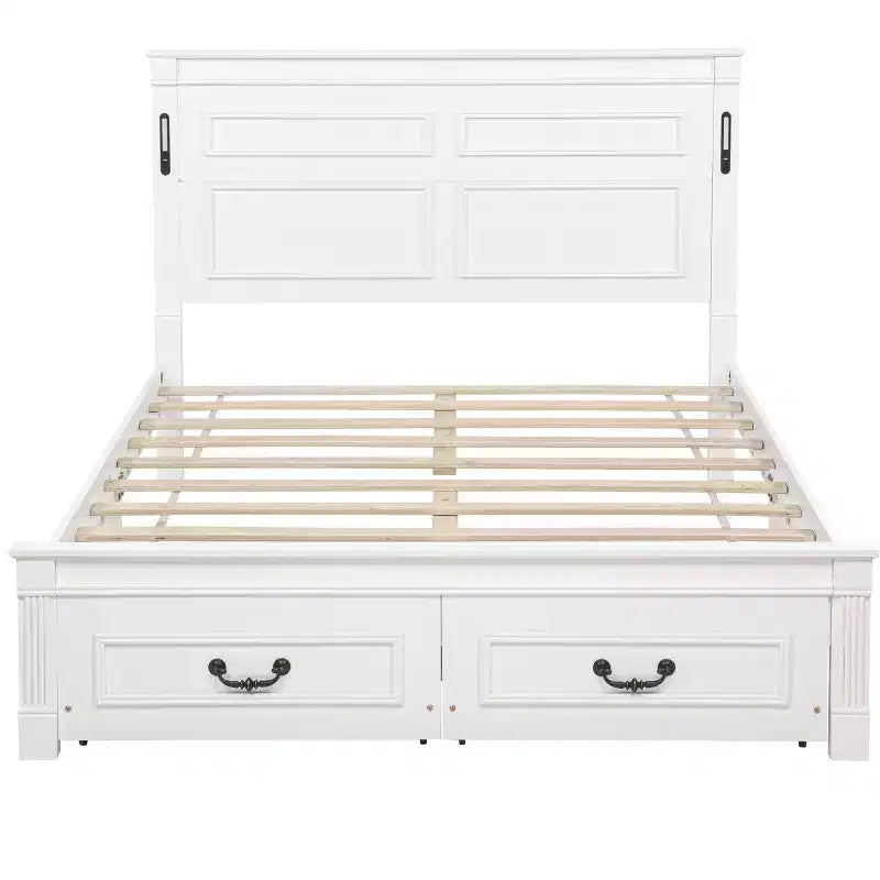 ModernLuxe Lit plateforme Queen/King Size avec tête de lit haute, cadre de lit rustique en bois avec 2 tiroirs, lumières LED et ports USB
